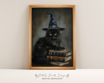 Vintage Halloween Print: Witch Black Cat Painting (Digital Download)