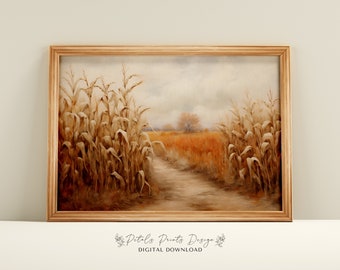 May include: A digital painting of a path through a field of tall, dried corn stalks. The path leads to a small, distant tree in a field of golden brown grass. The sky is a soft blue with white clouds.