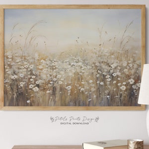 Printable Wildflower Field Landscape Oil Painting, Vintage Farm House, Country Field Landscape Painting Printable, Wildflower Download able