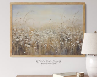 Printable Wildflower Field Landscape Oil Painting, Vintage Farm House, Country Field Landscape Painting Printable, Wildflower Download able