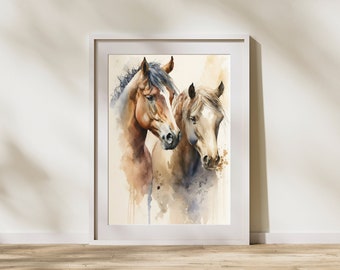 Rustic Watercolor Horse Portrait Wall Art of Two Horses White Background