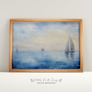 Vintage Beach Print, Abstract Coastal Painting, Trendy Wall Art, Retro Coastal Printable Wall Art, Blue Apartment Decor