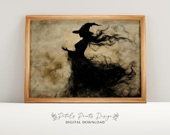 Stampa vintage di Halloween con strega: decorazione rustica da strega (download digitale)