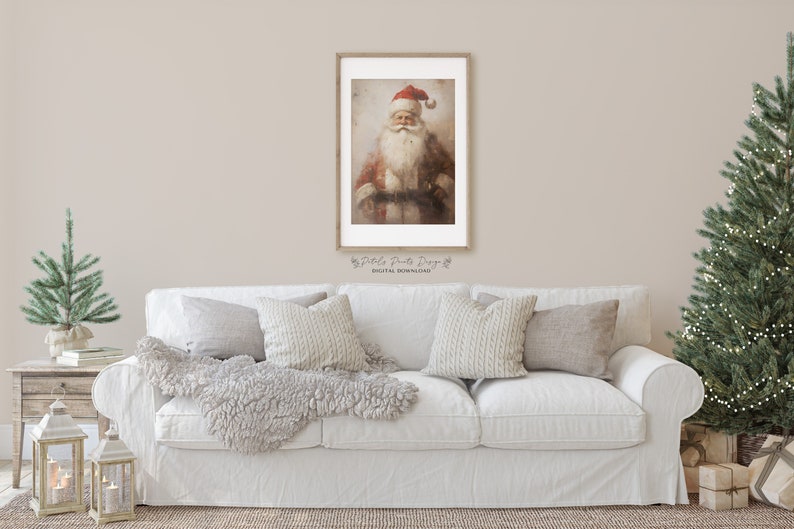 May include: A digital download of a vintage-style illustration of Father Christmas wearing a red suit and a white beard. The image has a faded, textured background.