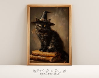 Vintage Halloween Black Cat Witch Art Print (Digital Download)