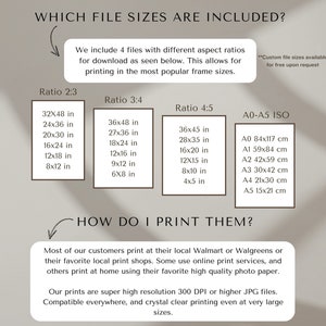 May include: A graphic with the text "Which file sizes are included?" and a description of the different file sizes included in the download for printing in various aspect ratios. The graphic also includes the text "How do I print them?" and a description of how to print the files.