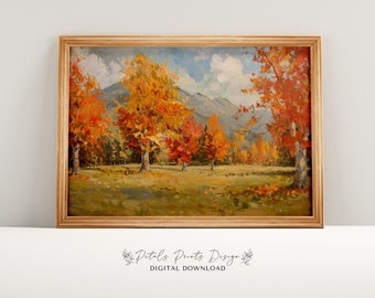 May include: A digital painting of a fall landscape with a mountain range in the background. The trees are in shades of orange, yellow, and red. The ground is covered in fallen leaves.