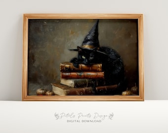 Impressão vintage de gato de Halloween: pintura de gato preto com bruxa (download digital)