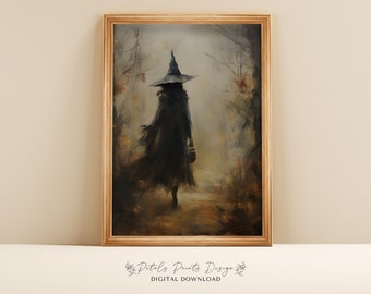 May include: A digital painting of a woman in a black cloak and pointed hat walking through a misty forest. The woman is carrying a small lantern in her hand. The painting is done in a dark and moody style, with a sense of mystery and intrigue.