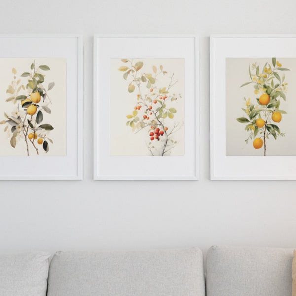 Botanical Print Set of 3, Plant Art Instant Download, Minimalist Printable Set of 3, Printable Lemon Tree Print, Vintage Fruit Wall Decor