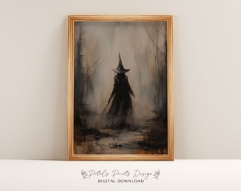 May include: A digital painting of a witch walking through a dark, misty forest. The witch is wearing a black robe and a pointed hat. The forest is filled with tall trees and a thick fog.