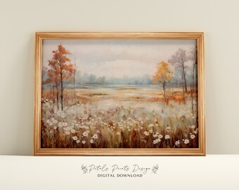 Rustic Fall Landscape Print, Vintage Autumn Moody Countryside Painting, Farmhouse Decor Fall Wall Digital Print Autumn Landscape Earth Tone