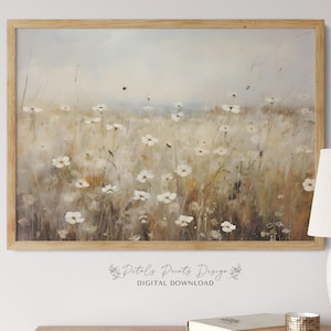 Printable Wildflower Field Landscape Oil Painting, Vintage Farm House, Country Field Landscape Painting Printable, Wildflower Download able