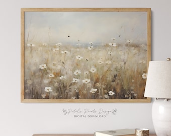 Vintage oljemålning med vildblommor i fält: Bondgårdslandskapskonst (digital nedladdning)