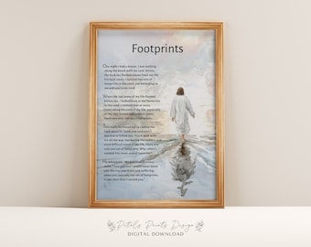 May include: A watercolor painting of a man walking on a beach with the words "Footprints" at the top. The text below the image reads "One night I had a dream. I was walking along the beach with my Lord. Across the dark sky flashed scenes from my life. For each scene, I noticed two sets of footprints in the sand, one belonging to me and one to my Lord." The text continues with a story about the footprints and the Lord.