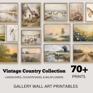 Peut inclure: Collection d'estampes d'art champêtres vintage encadrées. Les impressions représentent des paysages, des paysages de campagne et des fleurs sauvages. La collection comprend plus de 70 tirages, avec des scènes variées, dont une maison et un papillon.
