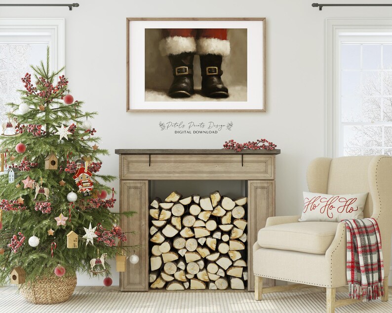 May include: A digital download of a painting featuring a close-up of Santa's red boots with black buckles. The boots are on a white background with a wood-look floor. The painting is framed in a simple black frame.