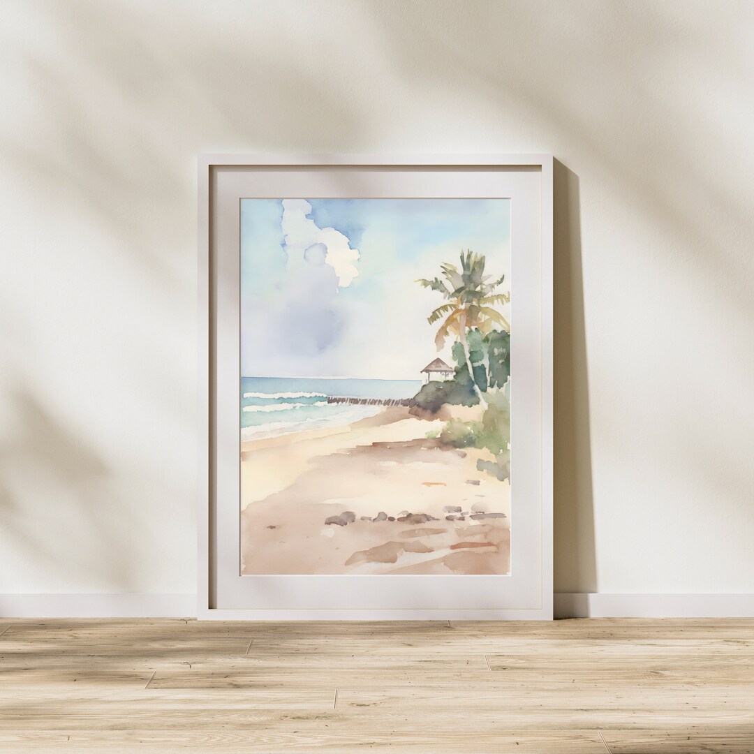 Palm Tree & Hut Beach Watercolor Wall Art, Printable Beach Art, Instant