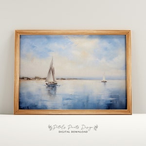 Vintage Beach Print, Abstract Coastal Painting, Trendy Wall Art, Retro Coastal Printable Wall Art, Blue Apartment Decor
