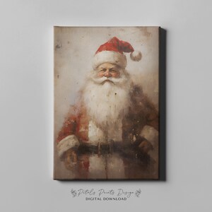 May include: A digital download of a painting of Father Christmas. He is wearing a red hat with white trim and a white beard. He is wearing a red and white suit with a black belt. The background is a light brown.