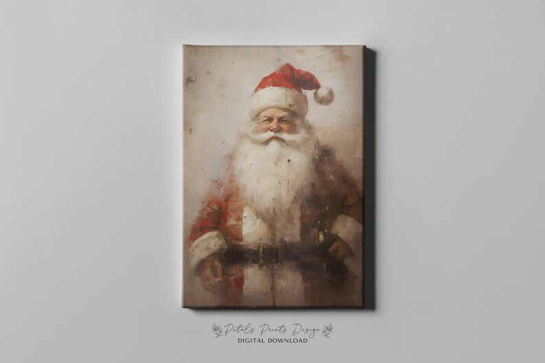 May include: A digital download of a painting of Father Christmas. He is wearing a red hat with white trim and a white beard. He is wearing a red and white suit with a black belt. The background is a light brown.
