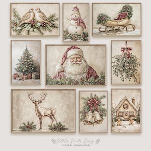 Vintage Christmas Printable Art Gallery Wall Soft Vintage Wall Art Xmas Decorating Gift Vintage Christmas Paintings Farmhouse Holiday Decor