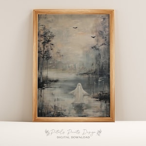 Ghosts Art Print, Halloween Art Print, Halloween Decor, Cute Ghosts in Field, Spooky Vintage Halloween, Printable Wall Art, Digital Download