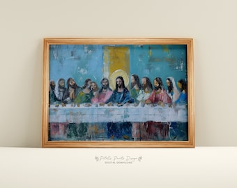 Può includere: Un dipinto che rappresenta l'Ultima Cena, con Gesù e i suoi discepoli seduti a tavola. Il dipinto è realizzato in uno stile colorato e astratto con uno sfondo blu e verde.