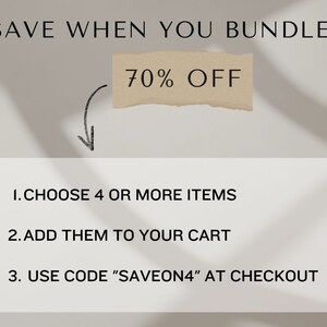 May include: A white card with black text that reads "SAVE WHEN YOU BUNDLE! 70% OFF" with a brown paper arrow pointing to a list of instructions: "1. CHOOSE 4 OR MORE ITEMS 2. ADD THEM TO YOUR CART 3. USE CODE "SAVEON4" AT CHECKOUT"