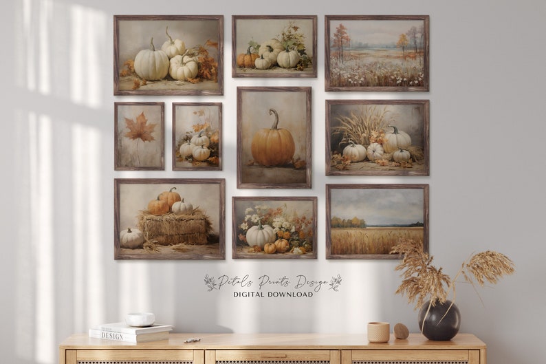 May include: A set of 10 digital printable wall art featuring fall-themed images of pumpkins, wheat fields, and autumn leaves. The prints are in a rustic style with a brown wood frame.