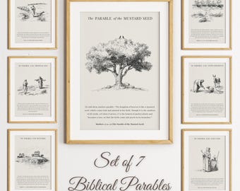 Christian Hand Sketched Wall Art Set: 7 Parables Line Art Scripture Prints - Prodigal Son, Good Samaritan, Mustard Seed