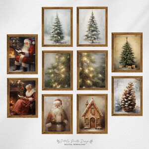 May include: A set of nine framed Christmas prints featuring various winter scenes, including Santa Claus, a gingerbread house, a pine cone, and Christmas trees. The prints are all in gold frames and have a vintage feel.