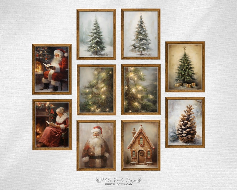 May include: A set of nine framed Christmas prints featuring various winter scenes, including Santa Claus, a gingerbread house, a pine cone, and Christmas trees. The prints are all in gold frames and have a vintage feel.