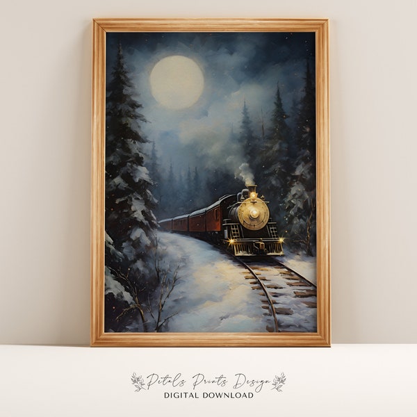 Christmas Wall Decor Printable Polar Express Train Painting, Rustic Christmas Art, Printable Xmas Decor-Print, Vintage Xmas Holiday ArtPrint