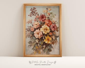 Vintage Neutral Floral Painting: Rustic Flowers Printable Wall Decor (Digital Download)