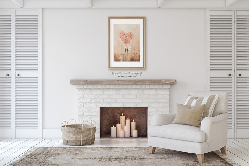 May include: A digital download of a watercolour painting depicting a couple standing in front of a heart-shaped balloon made of pink flowers. The painting is framed and displayed above a white brick fireplace in a living room setting.