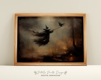 May include: A digital painting of a witch flying through a dark, misty forest. The witch is wearing a black cloak and a pointed hat. She is holding a staff with a raven perched on it. The forest is lit by glowing orbs of light.