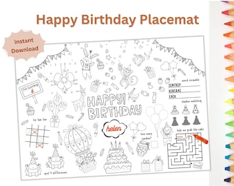 Kid's Birthday Party Printable Placemats - Happy Birthday Coloruing Page for Fun & Memories