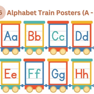 Puede incluir: Un conjunto de carteles de tren alfabeto coloridos con 8 vagones, cada uno con una letra diferente del alfabeto. Los vagones son amarillos, rojos, azules y verdes. Las letras están en mayúsculas y minúsculas.