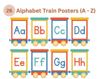 A-Z Alphabet Train Poster, 26 Printable Alphabet chart - Colourful Alphabet train, Perfect for Preschoolers & Classroom Decor