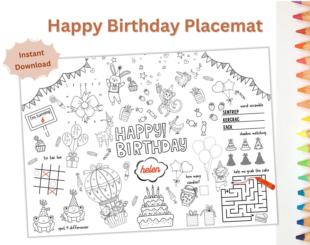 Kid's Birthday Party Printable Placemats - Happy Birthday Coloruing ...