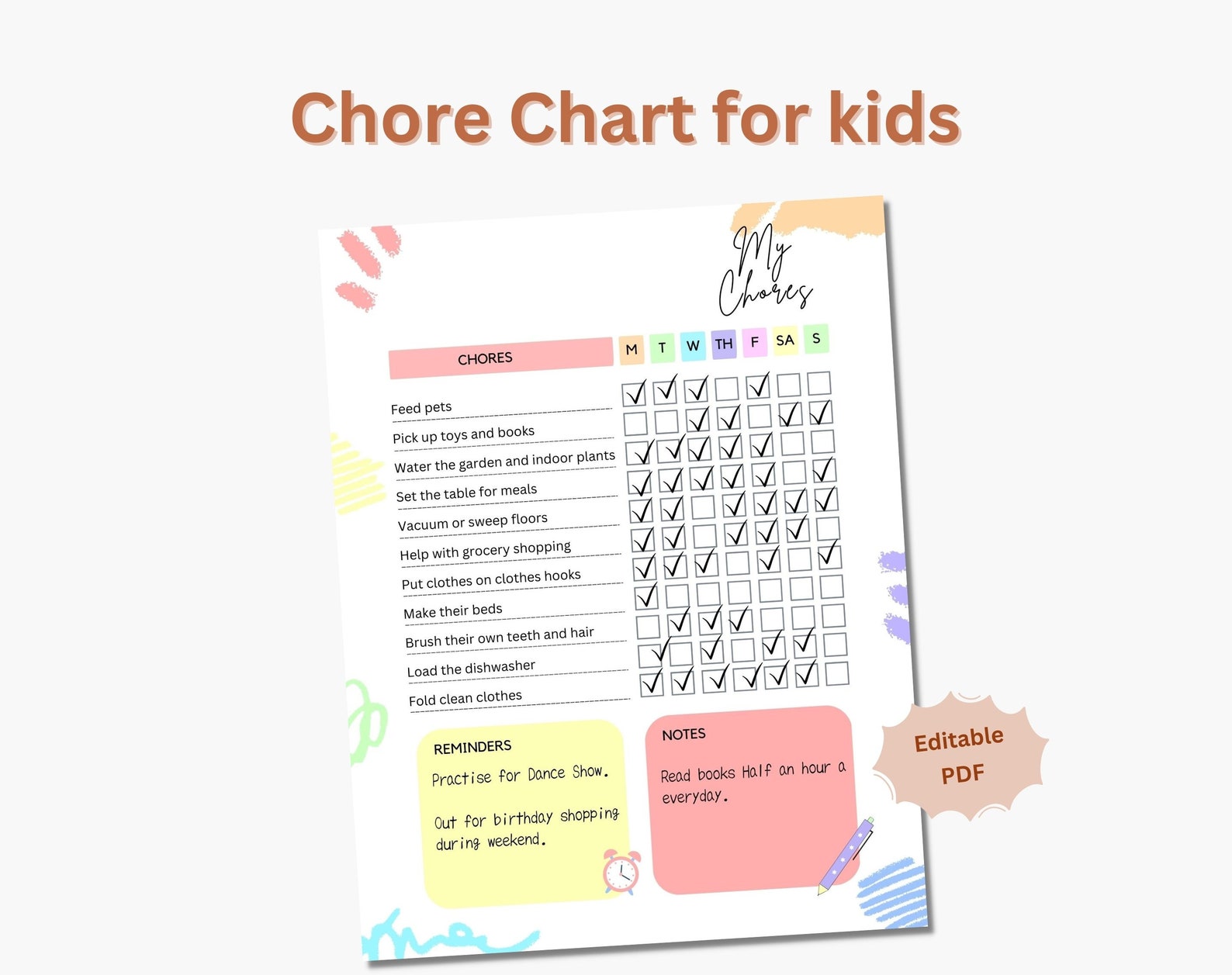 Printable Kids' Chore Chart - Daily Responsibility Tracker - Editable ...