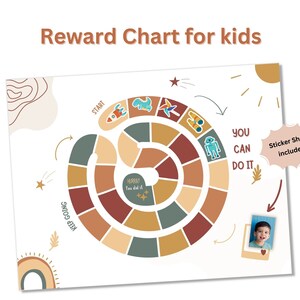 May include: A colorful reward chart for kids with a spiral design and a picture of a child. The chart features a rocket, dinosaur, stars, and the text "Keep Going", "You Can Do It", and "Hurray You Did It".