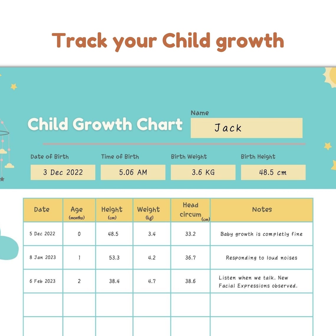 Printable Child Growth Chart Record Track Your Baby's Height & Weight