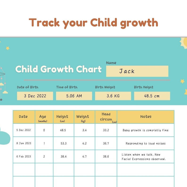 Printable Child Growth Chart Record Track Your Baby's Height & Weight