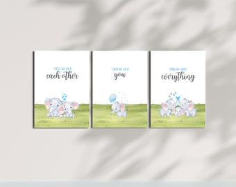 First We Had Each Other, Then We Had You, Now We Have Everything – Elephant Family Love Wall Art – Set of 3 Blue Baby Boy Nursery Prints