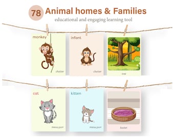 Animals and Their Babies Flashcards - 78 Printable Early Learning Cards - Montessori Matching Game - Animal Homes & Sounds -Digital Download