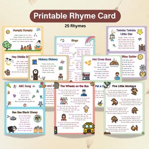 Schede filastrocche per bambini – 25 filastrocche stampabili con illustrazioni colorate / Apprendimento dei bambini, istruzione parentale, decorazioni per aule prescolari