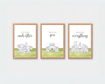 First We Had Each Other, Then We Had You Two, Now We Have Everything – Twin Babies decor - Elephant Family Love Wall Art – Set of 3 Prints