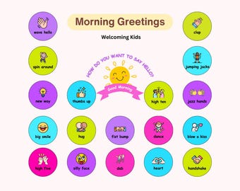 Good Morning Greetings Printable Cards - 18 Fun Morning Routine Activities for Kids - Vibrant Neon-Themed Nursery, Playroom decor